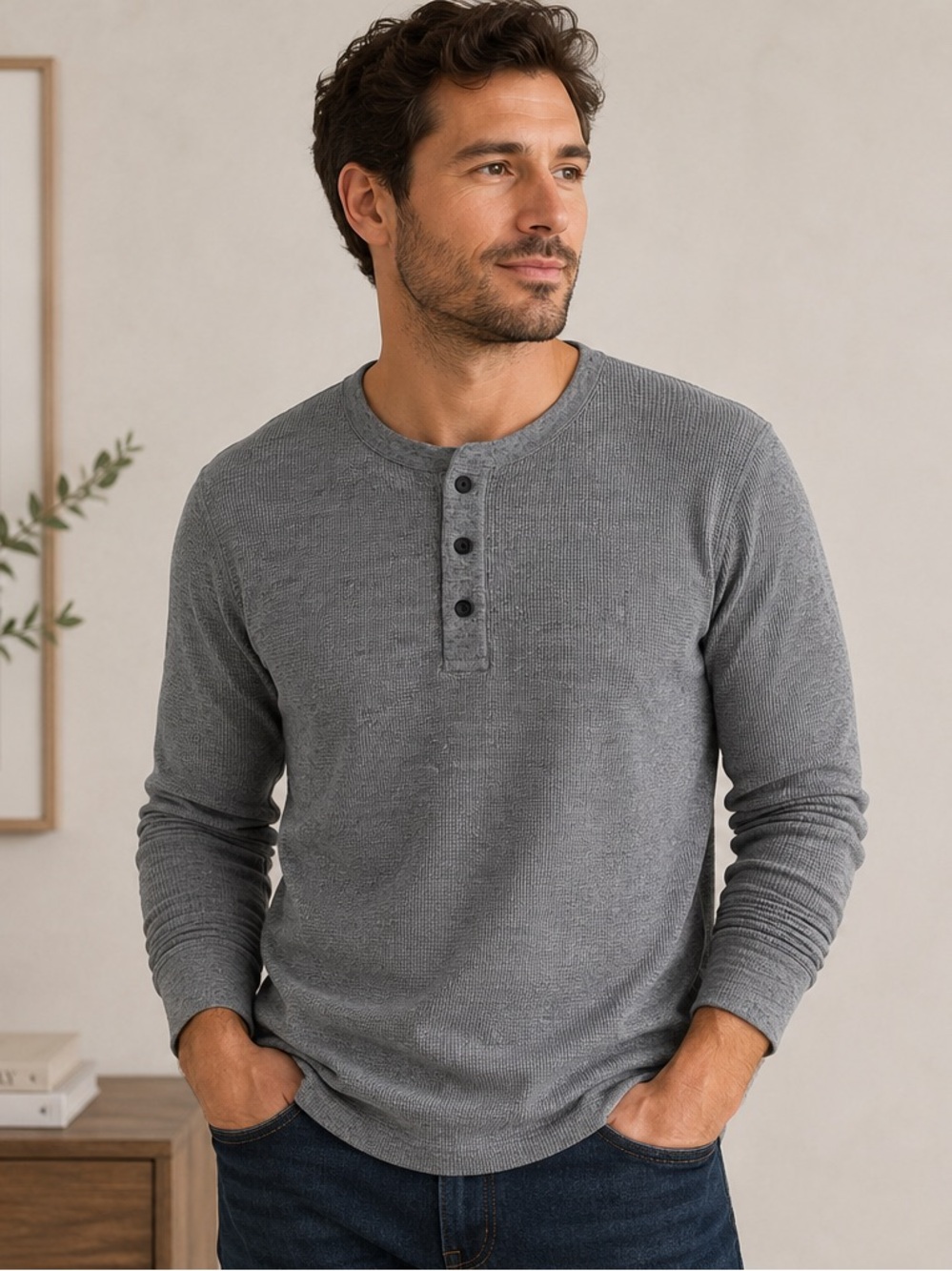Uniqlo Men’s Grey Waffle Knit Henley Shirt - Size Large - Cotton Blend